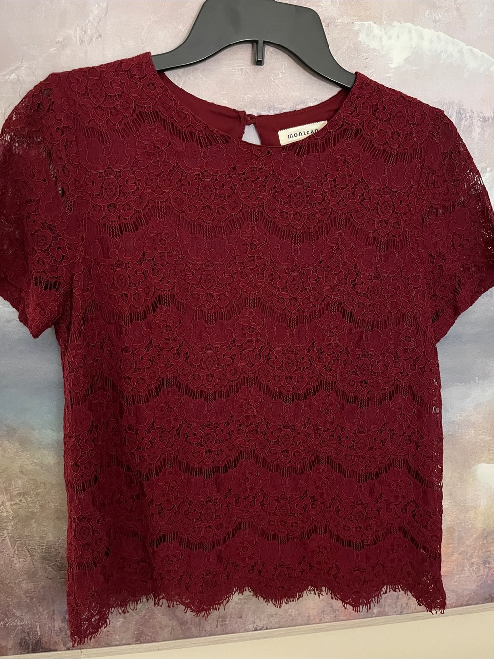 Monteau Women's Wine Lace Short Sleeve Top - Large (but runs small)